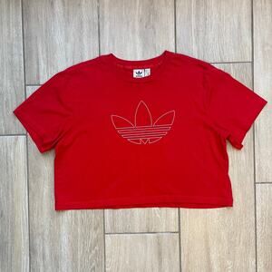 Adidas Cropped T Shirt Womens M Red Trefoil Logo Crop Top Short Tee